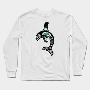 Teal Blue and Black Haida Spirit Killer Whale Long Sleeve T-Shirt